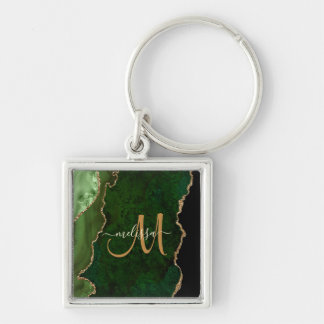 Chic Green Gold Glitzer Agate Custom Monogram Schlüsselanhänger