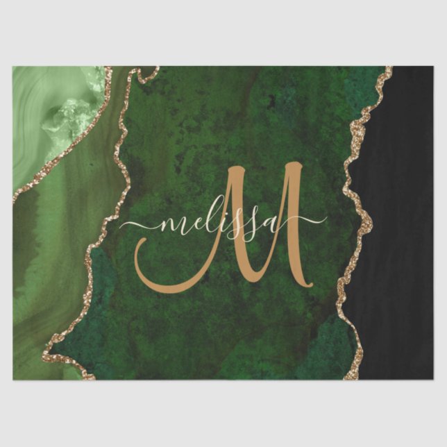 Chic Green Gold Glitzer Agate Custom Monogram Seidenpapier (Vorderseite)