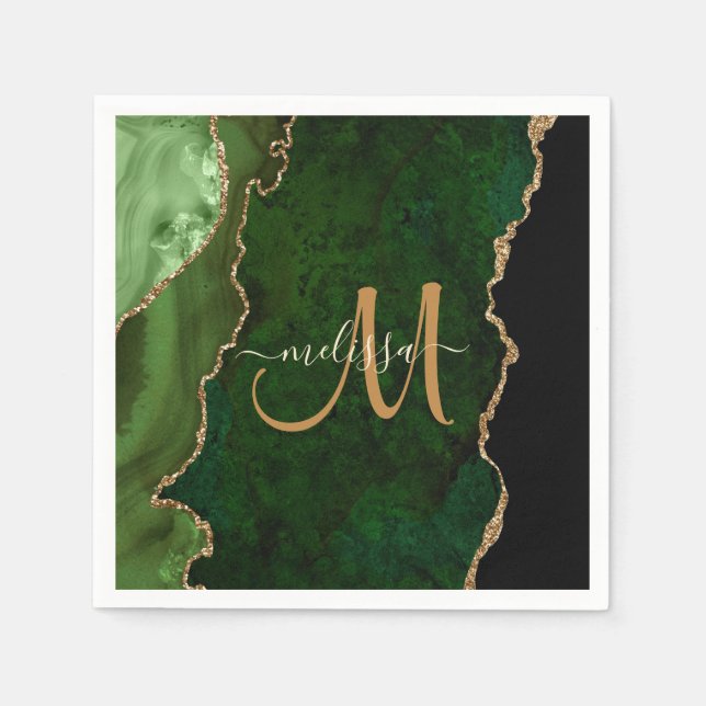 Chic Green Gold Glitzer Agate Custom Monogram Serviette (Vorderseite)