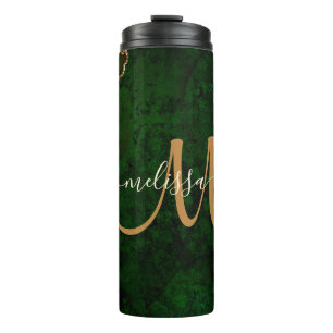 Chic Green Gold Glitzer Agate Custom Monogram Thermosbecher