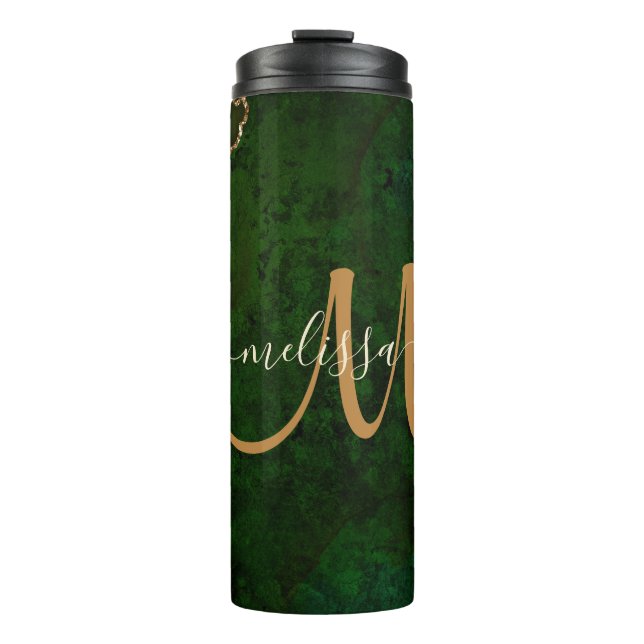 Chic Green Gold Glitzer Agate Custom Monogram Thermosbecher (Vorderseite)