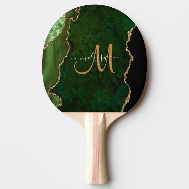 Chic Green Gold Glitzer Agate Custom Monogram Tischtennis Schläger (Vorderseite)