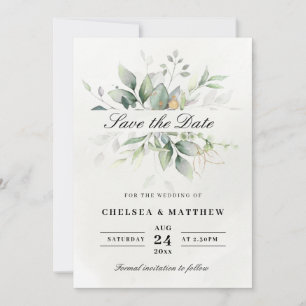 Chic Green & Gold Leafy Elegante Save The Date