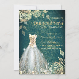 Chic green Gold Rose trendy Kleid Quinceañera Inv Einladung