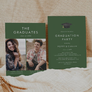 Chic Green Grad Cap Foto Double Graduation Party Einladung