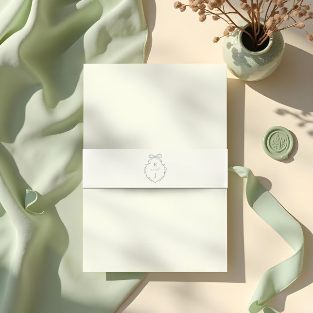 Chic Green Hand Draw Bow & Ribbon Monogram Wappen Einladungsbanderole (Chic Green Hand Drawn Bow & Ribbon Monogram Crest Invitation Belly Band)