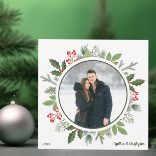 Chic Green Holly Weihnachtskranz 2 Side Foto Feiertagskarte