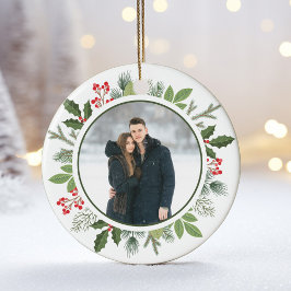 Chic Green Holly Weihnachtskranz 2 Side Foto Keramik Ornament