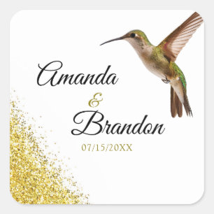 Chic Green Hummingbird and Gold Dust Wedding Quadratischer Aufkleber