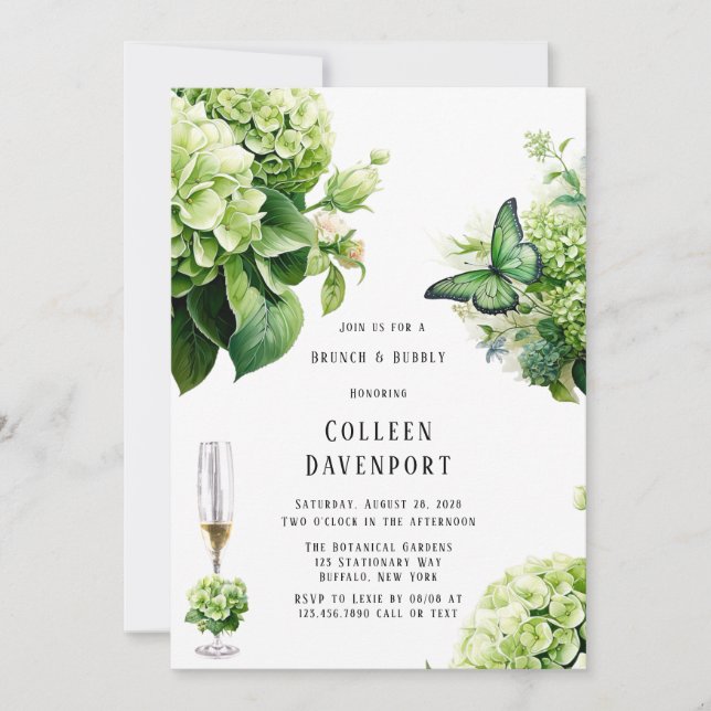 Chic Green Hydrangea Butterfly Brunch & Bubbly Einladung (Vorderseite)