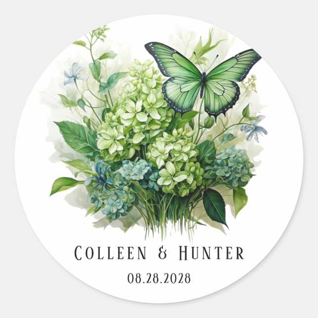 Chic Green Hydrangea Floral Butterfly Wedding Runder Aufkleber (Vorderseite)