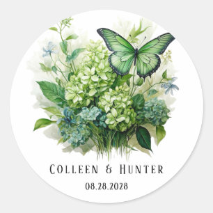 Chic Green Hydrangea Floral Butterfly Wedding Runder Aufkleber