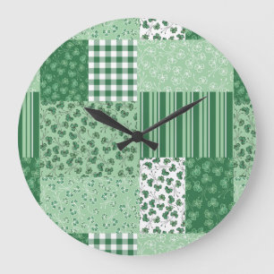 Chic Green Kleeblatts Imitate Patchwork Wall Clock Große Wanduhr