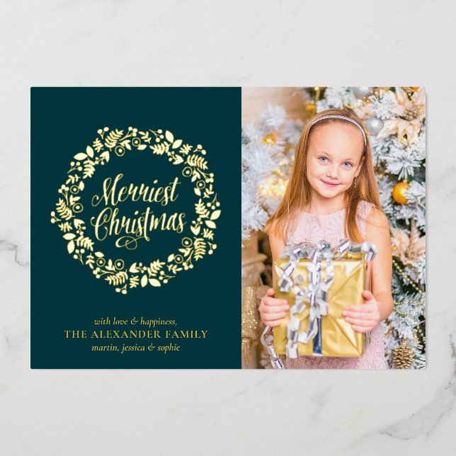 Chic Green mit Holiday Wreath Foto Folien Feiertagskarte (Vorderseite)