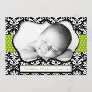 Chic Green Polka Dot Damask Birth Ankündigung