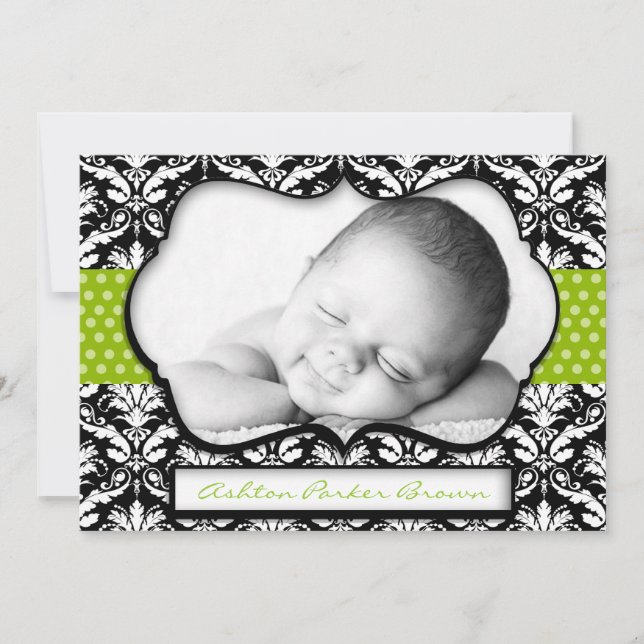 Chic Green Polka Dot Damask Birth Ankündigung (Vorderseite)