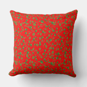 Chic Green Poppy Buds Pattern on Bright Red Kissen