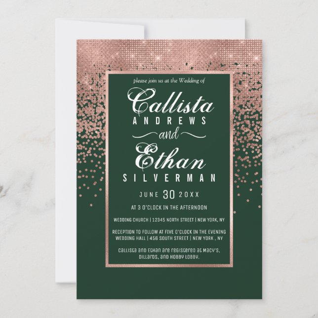 Chic Green Rose Gold Glitzer Confetti Wedding Einladung (Vorderseite)