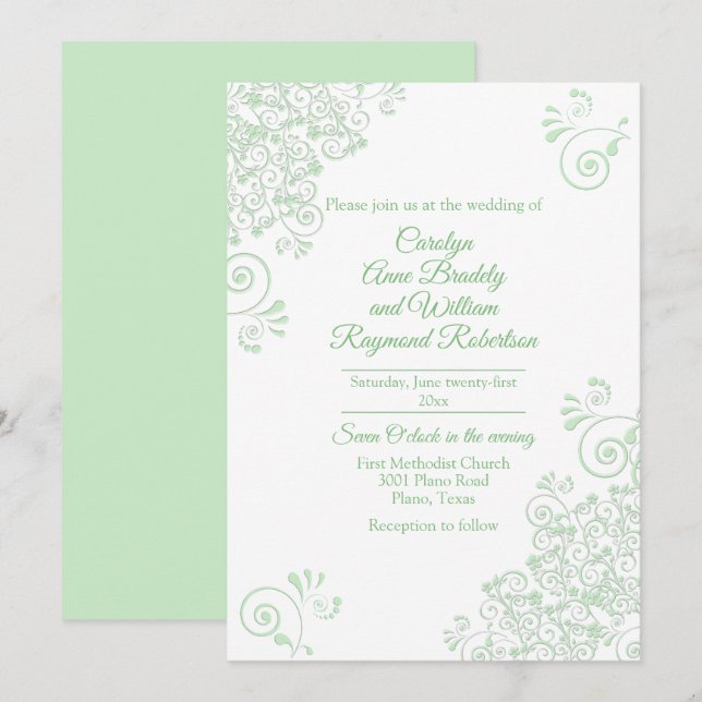 Chic Green Schnörkel Hochzeitseinladung Einladung (Vorne/Hinten)