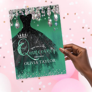Chic green silber Glitzer Tropfen Quinceanera Einladung
