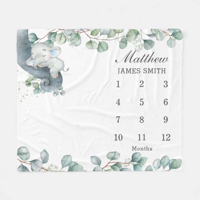 Chic Green Sleeping Elephant Monthly Meilenstein Fleecedecke (Vorderseite (Horizontal))