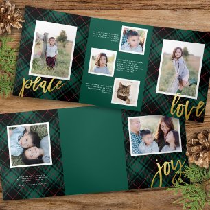 Chic Green Tartan Calligraphy Holiday Foto Card Dreifach Gefaltete Einladung