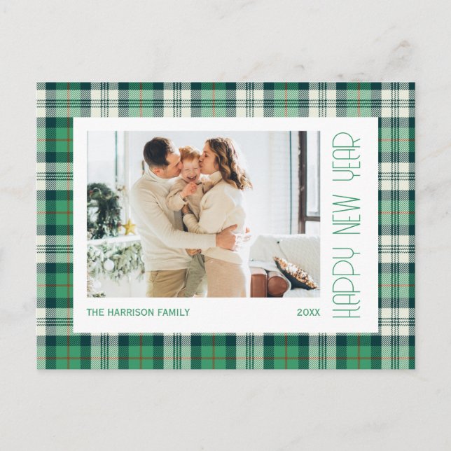 Chic Green Tartan Kariert Happy New Year Foto Postkarte (Vorderseite)