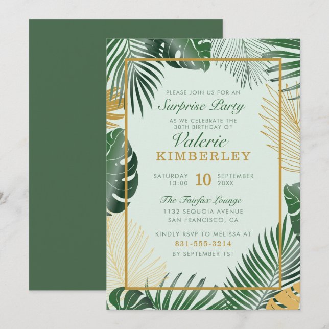 Chic Green Tropical Blätter Trendy Surprise Party Einladung (Vorne/Hinten)