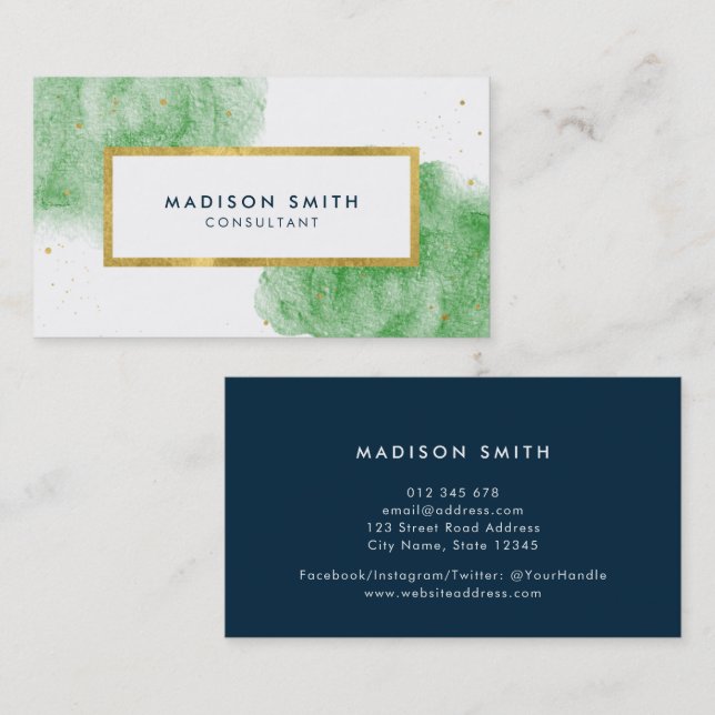 Chic Green Watercolor Imitats Gold Business Card Visitenkarte (Vorne/Hinten)