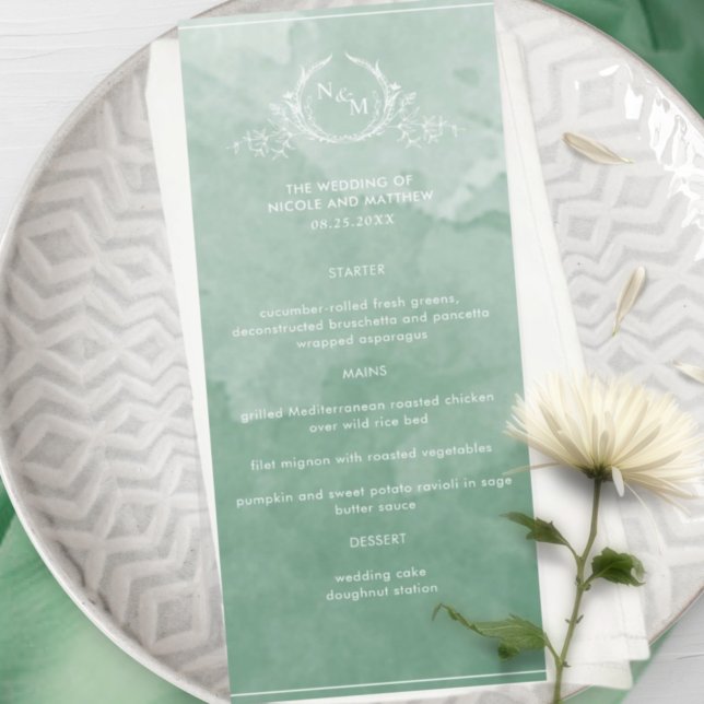 Chic Green Watercolor, Monogram Wedding Menu Menükarte (Von Creator hochgeladen)