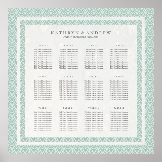 Chic Green+White Muster Seigaiha Seekarte Poster (Vorne)