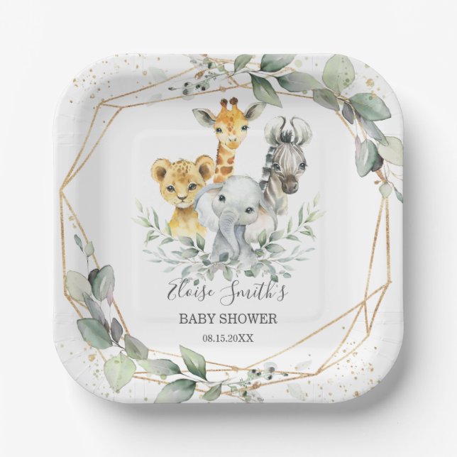 Chic Greenerenery Jungle Animals Baby Shower Gebur Pappteller (Vorderseite)