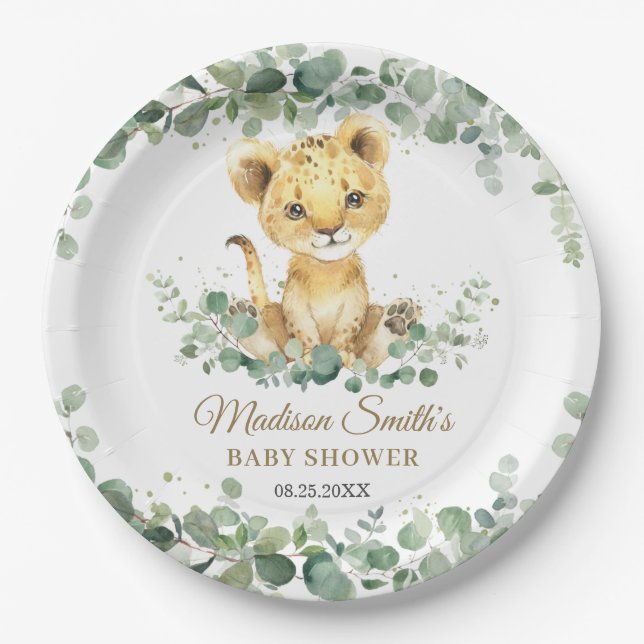 Chic Greenery Adorable Lion Cub Boy Baby Shower  Pappteller (Vorderseite)