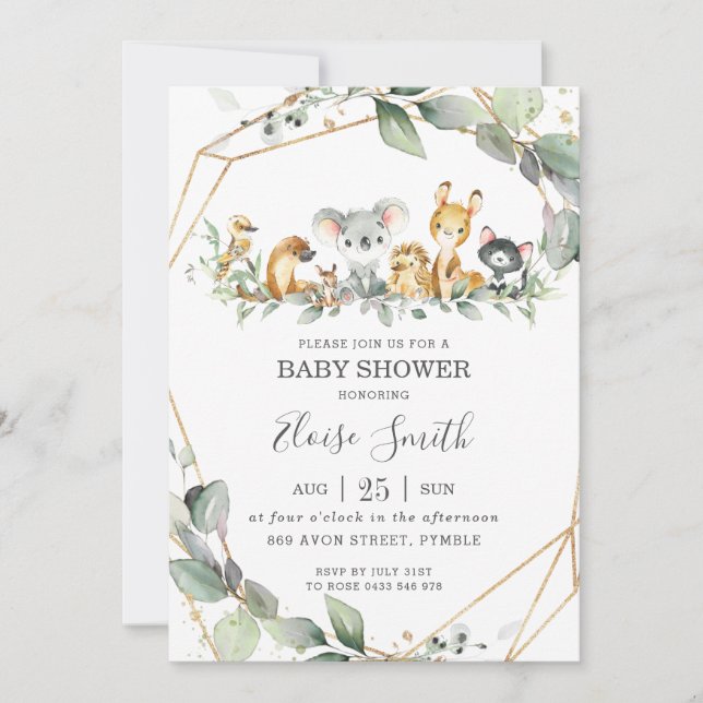 Chic Greenery Australian Animals Baby Shower Einladung (Vorderseite)