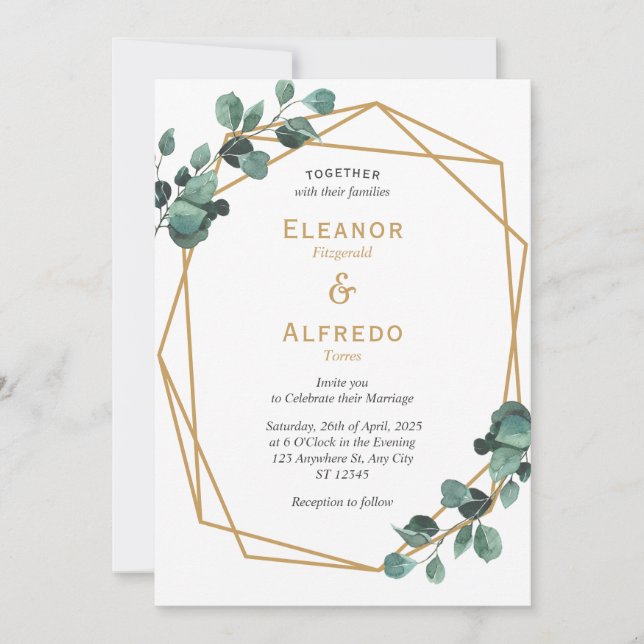 Chic Greenery Gold Geometric Wedding Einladung (Vorderseite)