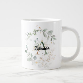Chic Greenery & Gold Monogram Initial "A" w/name Jumbo-Tasse