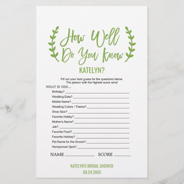 Chic Greenery How Well Do You Know The Bride Game Flyer (Vorne)