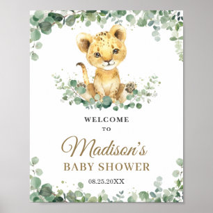 Chic Greenery Lion Cub Boy Baby Dusche Willkommen Poster