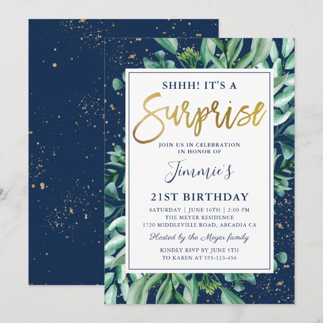 Chic Greenery Navy Blue Gold Überraschung Geburtst Einladung (Vorne/Hinten)