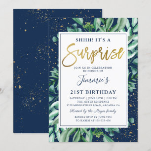 Chic Greenery Navy Blue Gold Überraschung Geburtst Einladung
