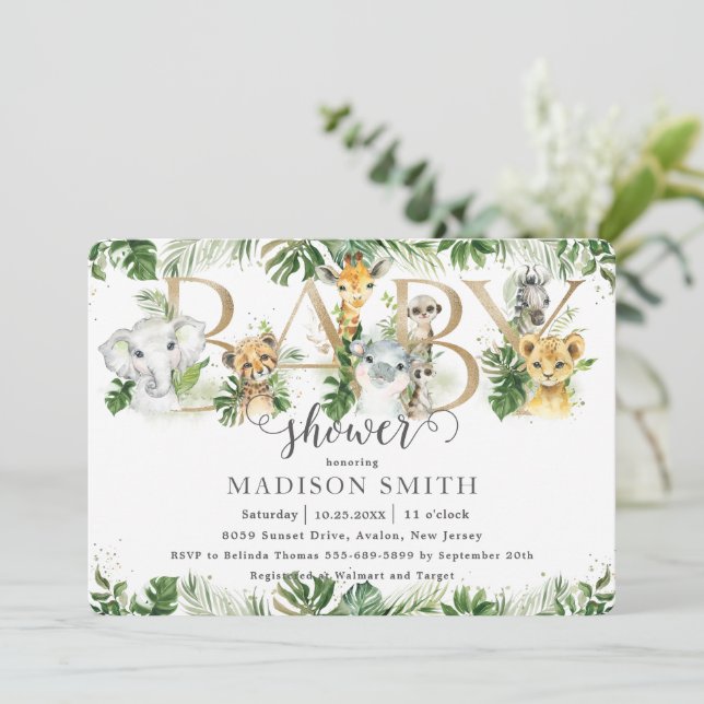 Chic Greenery Niedliche Jungle Animals Kinderdusch Einladung (Stehend Vorderseite)