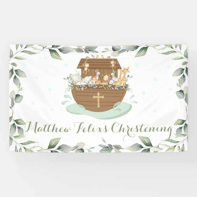 Chic Greenery Noahs Ark Baptism Begrüßungsgrunst Banner (Horizontal)