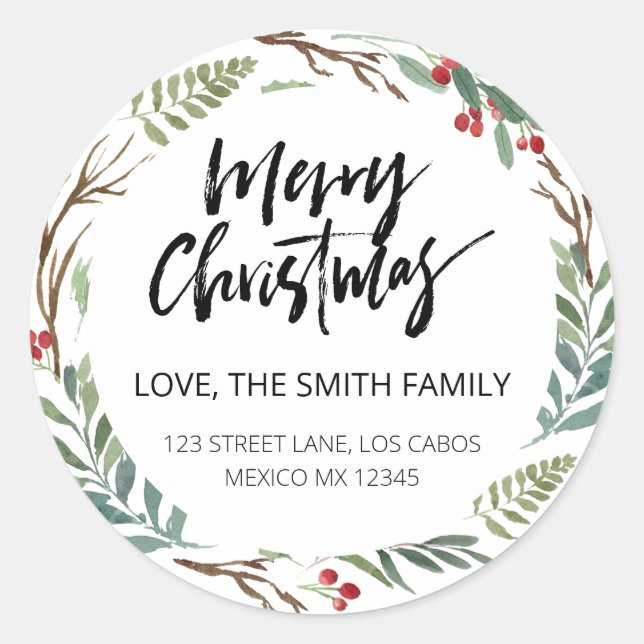 Chic Greenery Red Berries Weihnachtsfeier Rücksend Runder Aufkleber (Vorderseite)