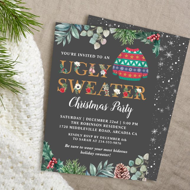 Chic Greenery Ugly Sweater Christmas Party Einladung (Von Creator hochgeladen)