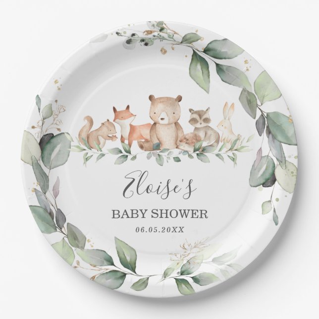 Chic Greenery Woodland Animals Baby Dusche neutral Pappteller (Vorderseite)