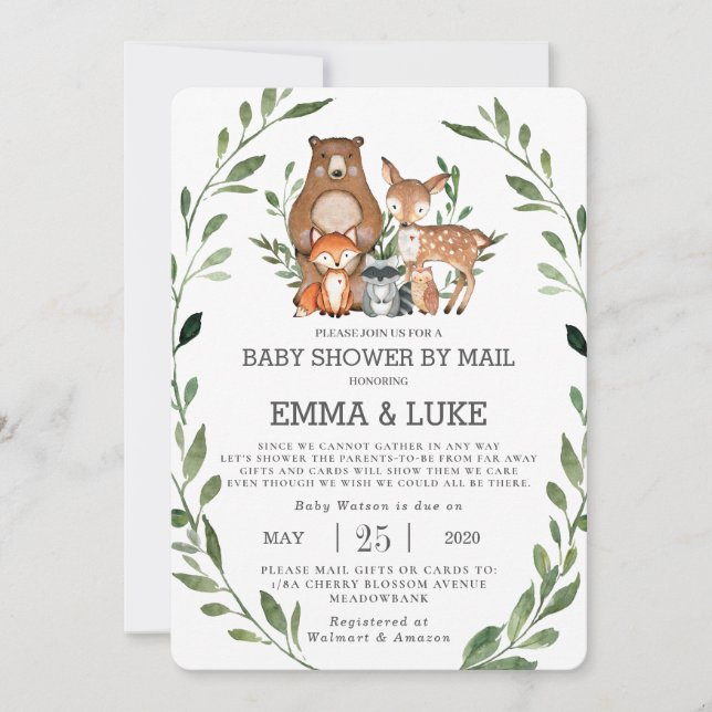 Chic Greenery Woodland Animals Baby Shower by Mail Einladung (Vorderseite)