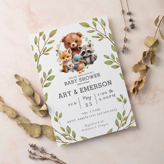 Chic Greenery Woodland Animals Baby Shower Einladung