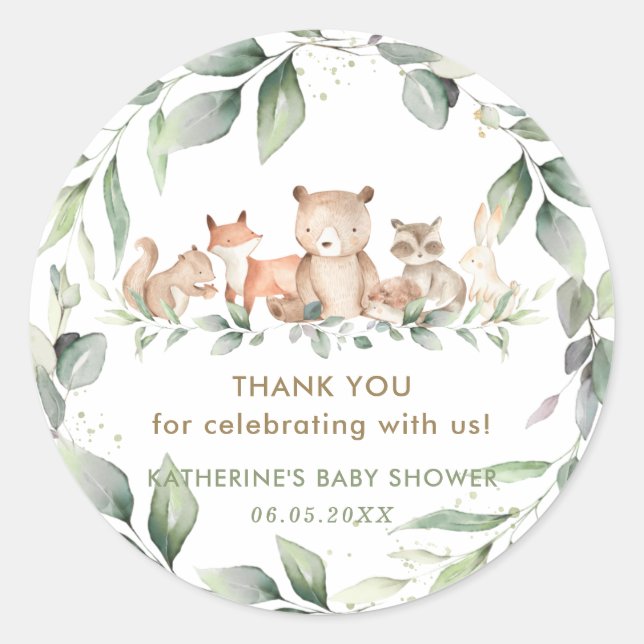 Chic Greenery Woodland Animals Baby Shower Favorit Runder Aufkleber (Vorderseite)