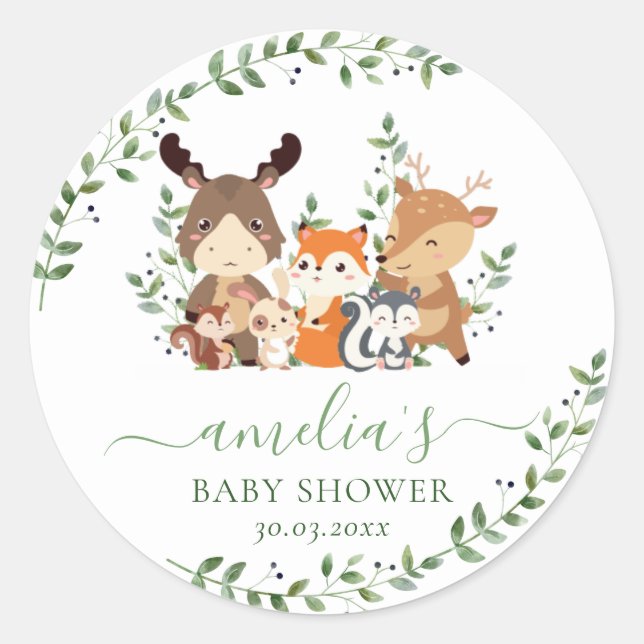 Chic Greenery Woodland Animals Baby Shower Gevor Runder Aufkleber (Vorderseite)