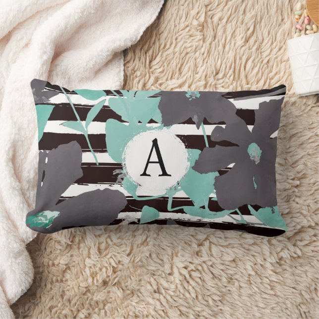 Chic Grey Aquamarin Floral Stripe Monogrammatische Lendenkissen (Decke)
